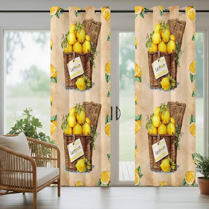 Lemon Outdoor Curtains for Patio Lemons in Baskets Summer Tropical Plant Brown Waterproof Outside Curtains with Grommet Top Weatherproof Curtain for Cabana Pergola Gazebo, 2 Pack, 54" W x 108" L