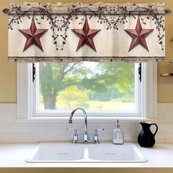 Farmhouse American Valances for Windows, Country Star Berries Vintage Wood Grain Kitchen Valance Light Filtering Rod Pocket Short Curtains for Kitchen Bathroom, 1 Panel, 42"x18"