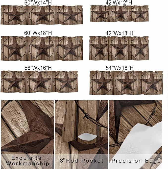 Vintage Texas Star Valances for Windows, Brown Wood Grain Wire Kitchen Valance Light Filtering Rod Pocket Short Curtains for Kitchen Bathroom, 1 Panel, 56"x16"