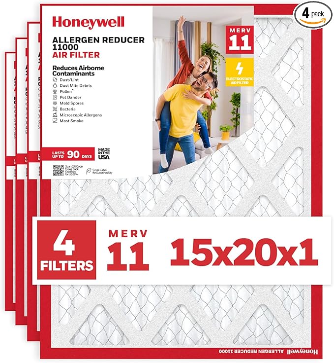 Honeywell 15x20x1 MERV 11 Allergen Reducer 11000 Electrostatic Pleated HVAC AC Furnace Air Filter (4-Pack) | Replacement Filter for Home Use | Made in USA