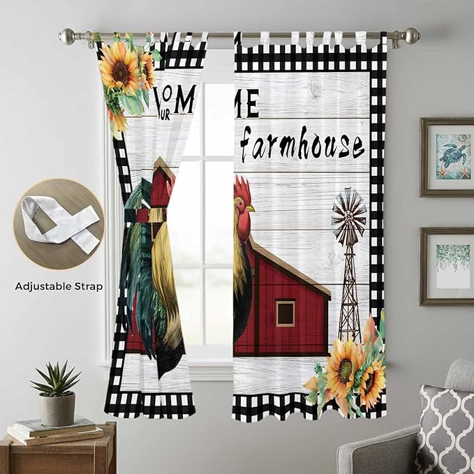 Farmhouse Rooster Living Room Curtains 84 Inch Length, Window Curtains Tab Top, Rustic Red Barn Windmill Sunflowers Light Filtering Window Treatments Drapes 52"x84" 2 Panel