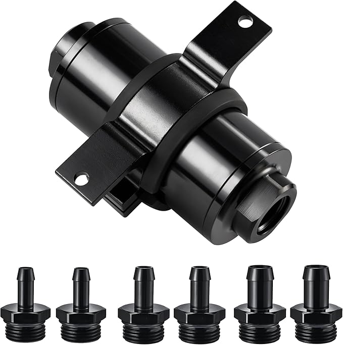 EVIL ENERGY Inline Fuel Filter 10 Micron with Barb 1/2", 3/8", 5/16" Fitting Adapter, Bracket Clamp 50MM Universal Aluminum Black for Gasoline, Diesel, Rubber Fuel Line