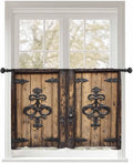 Sheer Curtains 54 Inch Length, Barn Door Semi Sheer Curtains Light Filtering Window Treatment, Farmhouse Wooden Grain Rustic Tribal Pattern Privacy Voile Drapes for Living Room Bedroom 52x54 Inch