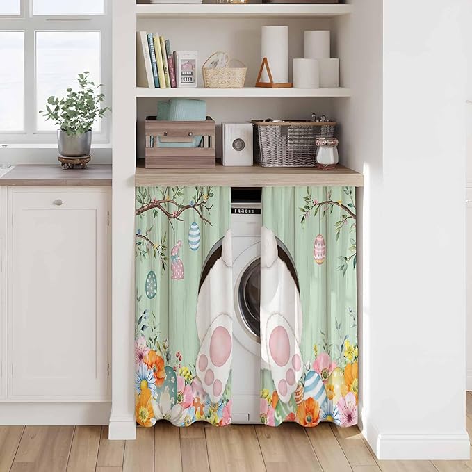 Easter Kitchen Curtains 45 Inch Long 2 Panel Set, Rod Pocket Window Treatment, Spring Watercolor Bunny Eggs Wooden Grain Green Light Filtering Short Curtains & Drapes for Bathroom Laundry 52"W x 45"L