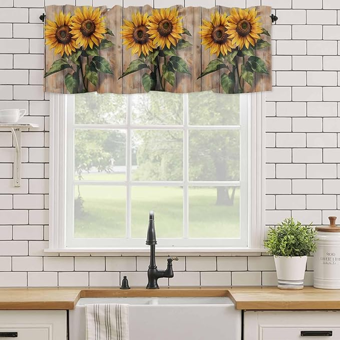 Kitchen Valances for Window, Watercolor Sunflower Retro Board Light Filtering Rod Pocket Valance Curtain, Farm Brown Wood Grain Short Curtains Window Topper for Bedroom Bathroom Living Room 54x18in