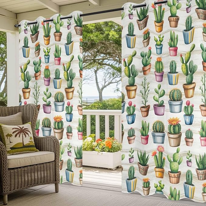Summer Cactus Outdoor Curtains for Patio Cactus Tropical Plant Wooden Waterproof Outside Curtains with Grommet Top Weatherproof Curtain for Cabana Pergola Gazebo, 2 Pack, 54" W x 84" L