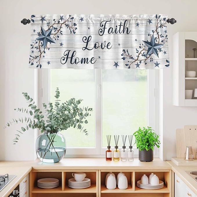 Kitchen Curtains Tiers and Valance Set of 3, Farmhouse Light Filtering Window Curtain Set, Blue Country Texas Star Vintage Berries Wooden Rod Pocket Curtain Drapes for Living Room, 24 Inches Tiers