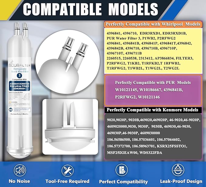 FILTER3 4396841 Refrigerator Water Filter Replacement Compatible with 4396841 4396710 EDR3RXD1 EDR3RXD1B Filter 3 P1WB2 P2RFWG2, 46-9030, Pur W10121145 W10121146 (2-PACK)