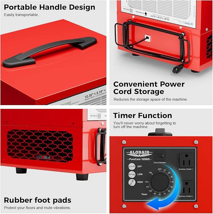 ALORAIR Portable Air Filtration System Built-In Ionizer, 180° Air Intake (850/1050CFM) Tabletop Dust Collector for Woodworking with Vortex Fan, Air Filter for Garage, Works Shop, Home, Purecare 1050IG