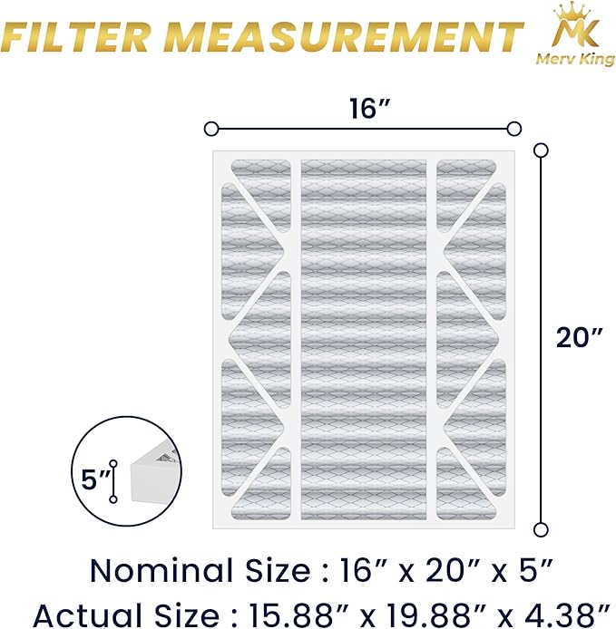 MervKing 16x20x5 Air Filter Actual Size: 15.88" x 19.88" x 4.38" MERV 8 MPR 600-700 | MADE IN USA | 1-Pack | Pleated HVAC AC Furnace Replacement