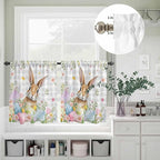 Kitchen Curtains Tiers and Valance Set of 3, Easter Light Filtering Window Curtain Set, Spring Rabbit Eggs Blooms Flowers Leaf Grey Plaid Rod Pocket Curtain Drapes for Living Room, 24 Inches Tiers