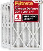 Filtrete 20x24x1 AC Furnace Air Filter, MERV 11, MPR 1000, Micro Allergen Defense, 3-Month Pleated 1-Inch Electrostatic Air Cleaning Filter, 4 Pack (Actual Size 19.81x23.81x0.81 in)
