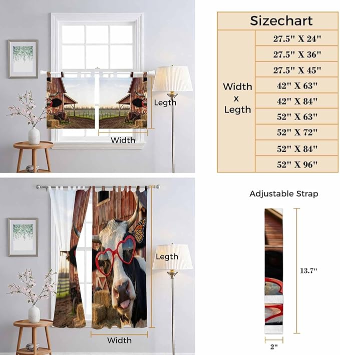 Farm Cows Kitchen Curtains 45 Inch Length, Short Cafe Window Curtains Tab Top, Farmhouse Barn Funny Animals Butterfly Light Filtering Window Treatments Tier Drapes 27.5"x45" 2 Panel
