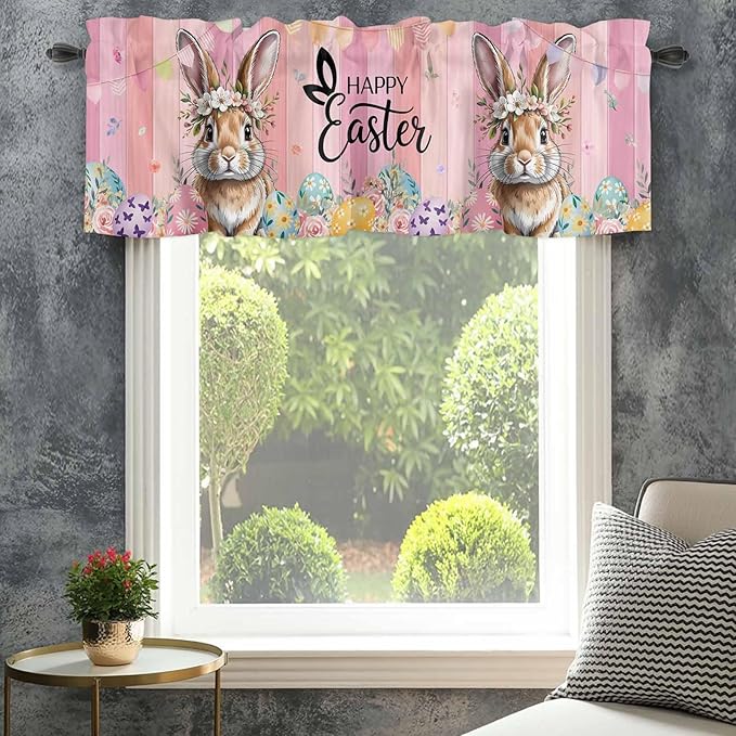 Easter Curtain Valances for Windows, Kitchen Valance Window Treatment, Spring Rabbit Eggs Flowers Flags Leaves Wood Grain Light Filtering Block Curtains for Bathroom/Bedroom/Living Room 42'' x 18''