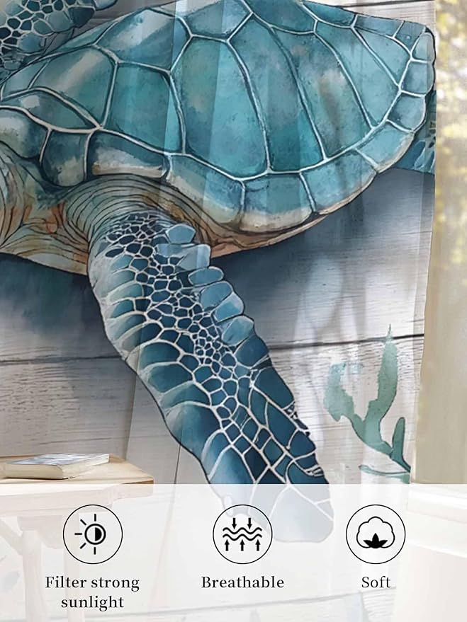 Sheer Curtains 84 Inches Long, Teal Green Sea Turtle Semi Sheer Curtains Light Filtering Window Treatment, Summer Ocean Seaweed Wood Grain Privacy Voile Drapes for Living Room Bedroom 52x84 Inch