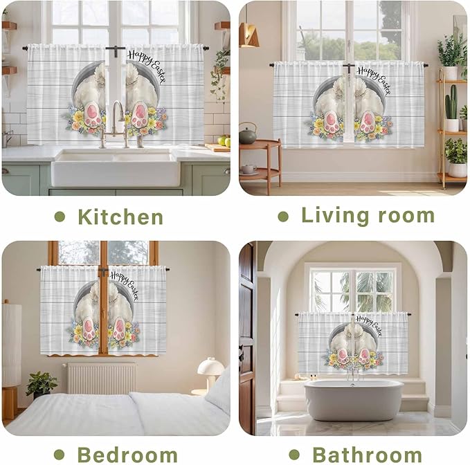 Easter Bunny Kitchen Tier Curtains 45 Inch Long 2 Panel Set,Rod Pocket Short Window Treatment,3D Optical Illusion Farmhouse Flower Wood Grain Light Filtering Curtains & Drapes 27.5"W x 45"L
