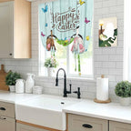 Tie Up Curtains,Happy Easter Bunny Butt Egg Floral Adjustable Rod Pocket Window Shade Curtain Drape Spring Plant on Aqua Wood Tie-Up Valance for Kitchen Bedroom Living Room Windows,46"x63"