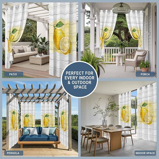 Lemons Yellow Summer Fruit Vintage Wood Outdoor Curtains for Patio Waterproof Outside Curtains with Grommet Top Weatherproof Curtain for Cabana Pergola Gazebo, 2 Pack, 54" W x 95" L