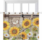 Farmhouse Sunflowers Kitchen Curtains 45 Inch Length, Short Cafe Window Curtains Tab Top, Rustic Barn Doors Flowers Butterfly Wooden Light Filtering Window Treatments Tier Drapes 27.5"x45" 2 Panel
