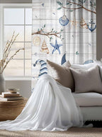 Sheer Curtains 72 Inches Long, Coastal Eucalyptus Semi Sheer Curtains Light Filtering Window Treatment, Ocean Blue Gnomes Starfish Leaf Wood Grain Privacy Voile Drapes for Living Room 52x72 Inch
