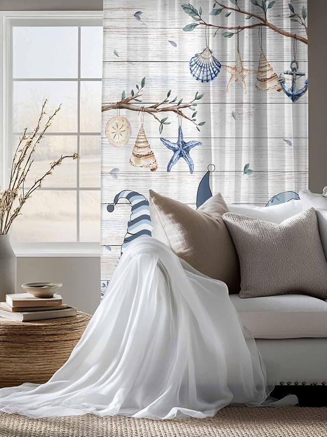 Sheer Curtains 63 Inch Length, Coastal Eucalyptus Semi Sheer Curtains Light Filtering Window Treatment, Ocean Blue Gnomes Starfish Leaf Wood Grain Privacy Voile Drapes for Living Room 52x63 Inch