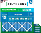 Filterbuy 16x16x1 Air Filter MERV 13 Optimal Smoke & Allergy Defense (4-Pack), Electrostatic Pleated HVAC AC Furnace Filters Replacement, Made in USA (Actual Size: 15.75 x 15.75 x 0.75)