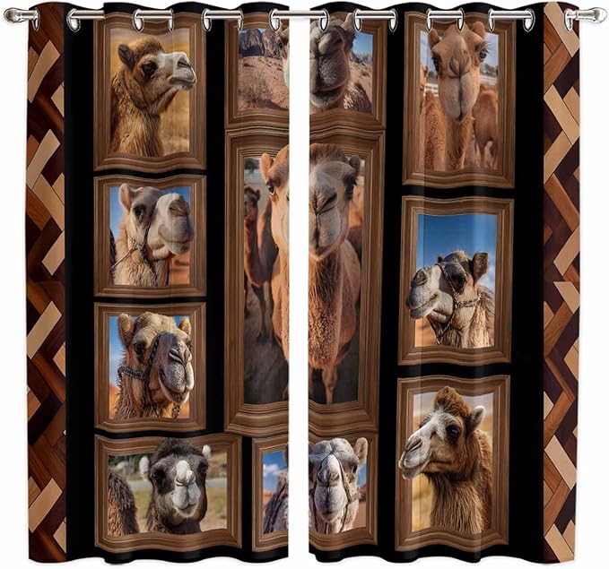 2 Panel Kitchen Cafe Curtains, Desert Camels Sunlight Filtering Nature Air Through, Home Decor Window Covering Tier Curtains for Living Room 104W x 84L inch Brown Wildlife Farmhouse Animals Rustic