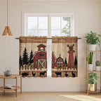 Brown Farmhouse Kitchen Curtains, Vintage Country Animals Wooden Grain Light Filtering Window Curtain Panels, 2Pcs Rod Pocket Window Treatments Set for Cabin Bathroom Bedroom 52x45 Inches