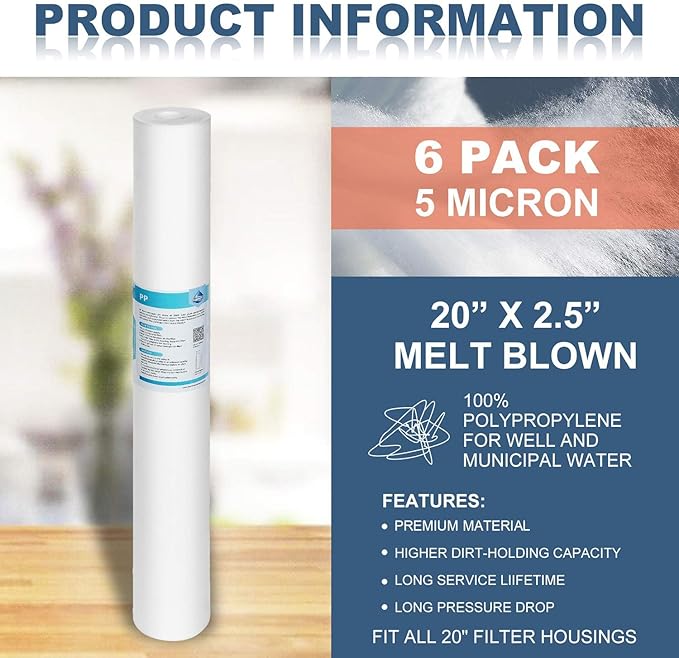 Membrane Solutions 10 Micron Sediment Water Filter Replacement Polypropylene Cartridge 20"x2.5" for Whole House Filter System - 6 Pack