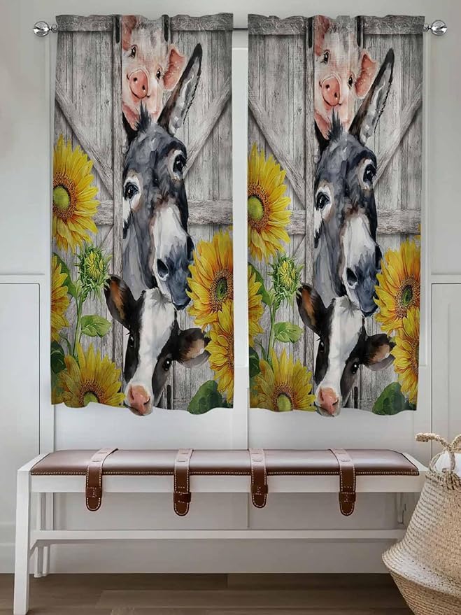 Farmhouse Bedroom Curtains 63 Inches length, Vintage Sunflowers Animals Printed Wood Grain Window Treatment Curtain Drapes, Rod Pocket Curtain Panels for Living Room Kitchen, 42"x63", 2 Panels