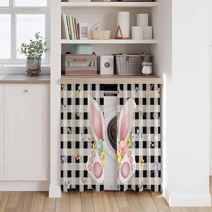 Easter Kitchen Curtains 54 Inch Long 2 Panel Set, Rod Pocket Window Curtains Panels, Spring Rabbits Ears Feet Wildflowers Black Plaid Light Filtering Privacy Draperies for Bedroom Laundry 42"W x 54"L