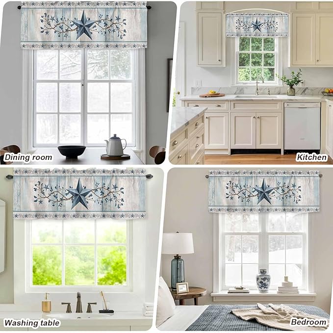 Blue Texas Star Valances for Windows, Vintage Star Berry Blue Beige Wood Grain Kitchen Valance Light Filtering Rod Pocket Short Curtains for Kitchen Bathroom, 1 Panel, 42"x18"