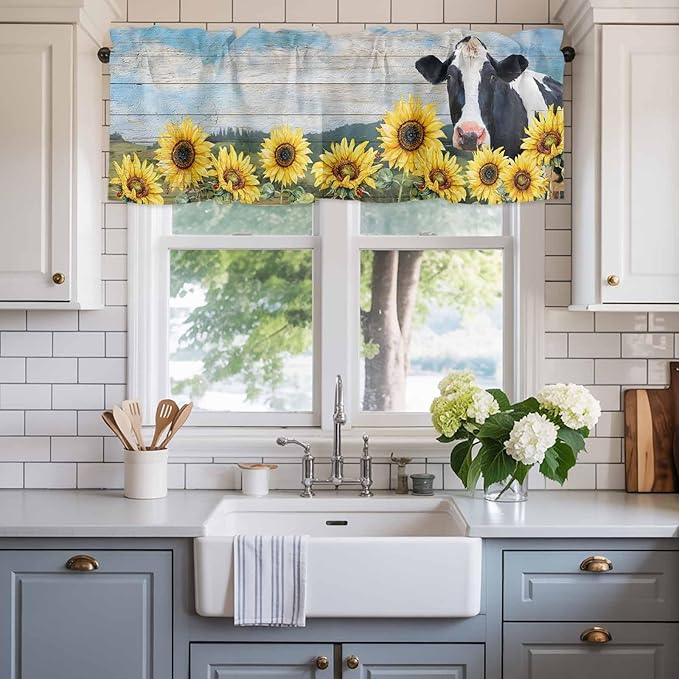 Cow Sunflowers Curtain Valances for Windows, Kitchen Valance Window Treatment, Farmhouse Animal Blue Sky Wooden Grain Light Filtering Block Curtains for Bathroom/Bedroom/Living Room 42'' x 12''