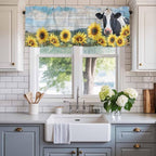 Cow Sunflowers Curtain Valances for Windows, Kitchen Valance Window Treatment, Farmhouse Animal Blue Sky Wooden Grain Light Filtering Block Curtains for Bathroom/Bedroom/Living Room 60'' x 18''