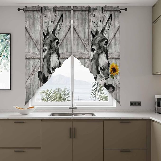Funny Farm Animals Swag Valances for Windows, Vintage Barn Grey Sunflowers Rod Pocket Kitchen Curtains Valance, Kitchen Window Curtains Swag for Cafe Bathroom Living Room, 2 Panels, 36x45 inch