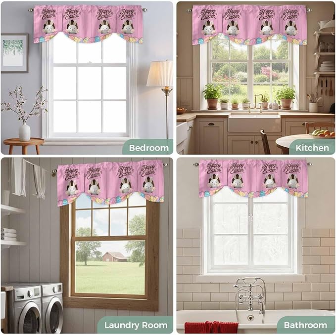 Pink Easter Tie Up Valance Curtains for Windows,Kitchen Curtains Window Shades,Easter Bunny Eggs Spring Cartoon Farmhouse Wood Grain Light Filtering Curtain Valances for Bedroom/Bathroom/Cafe 42"x12"