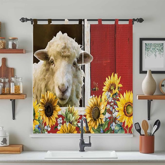 Sheep Flowers Living Room Curtains 84 Inch Length, Window Curtains Tab Top, Country Red Barn Botanical Sunflowers Light Filtering Window Treatments Drapes 42"x84" 2 Panel