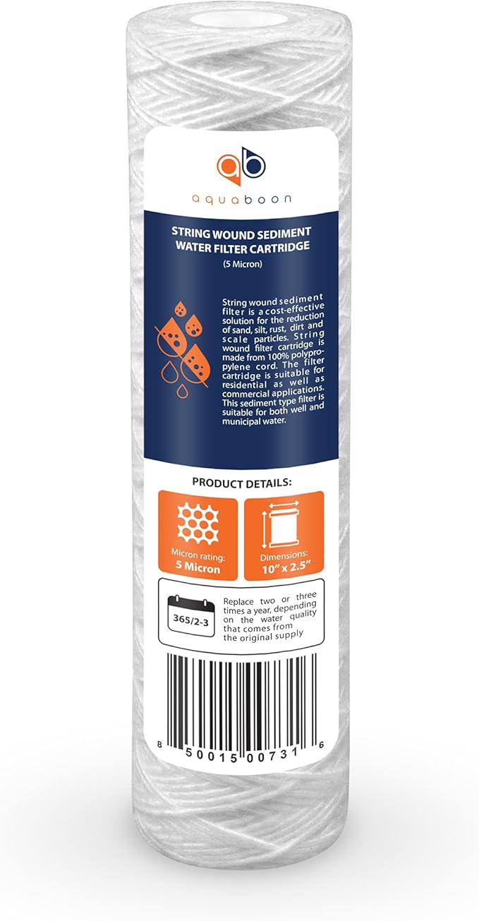 Aquaboon Whole House 5 Micron 10 x 2.5 String Wound Sediment Water Filter Cartridge Replacement Compatible with Well Water Filter WHKF-WHSW, 25-Pack