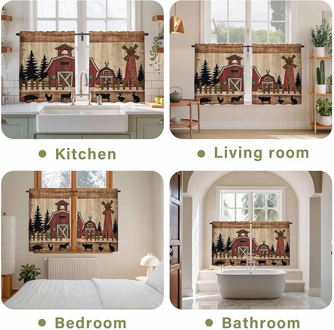 Brown Farmhouse Kitchen Curtains, Vintage Country Animals Wooden Grain Light Filtering Window Curtain Panels, 2Pcs Rod Pocket Window Treatments Set for RV Dining Room Study Room 42x54 Inches