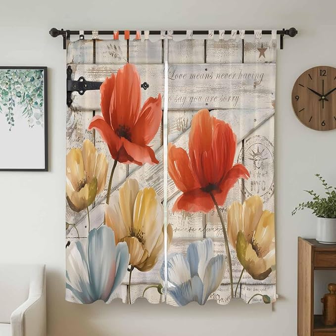 Retro Floral Living Room Curtains 84 Inch Length, Window Curtains Tab Top, Red Yellow Tulips Barm Doors Farmhouse Wooden Light Filtering Window Treatments Drapes 52"x84" 2 Panel
