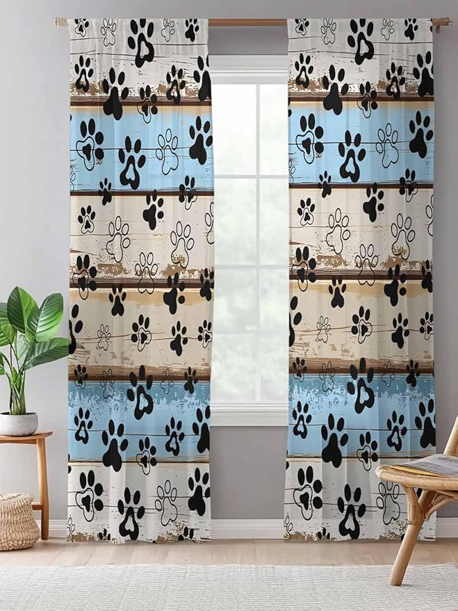 Sheer Curtains 84 Inches Long, Blue Brown Paw Prints Semi Sheer Curtains Light Filtering Window Treatment, Vintage Farmhouse Rustic Wooden Grain Privacy Voile Drapes for Living Room Bedroom 52x84 Inch