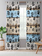 Sheer Curtains 84 Inches Long, Blue Brown Paw Prints Semi Sheer Curtains Light Filtering Window Treatment, Vintage Farmhouse Rustic Wooden Grain Privacy Voile Drapes for Living Room Bedroom 52x84 Inch