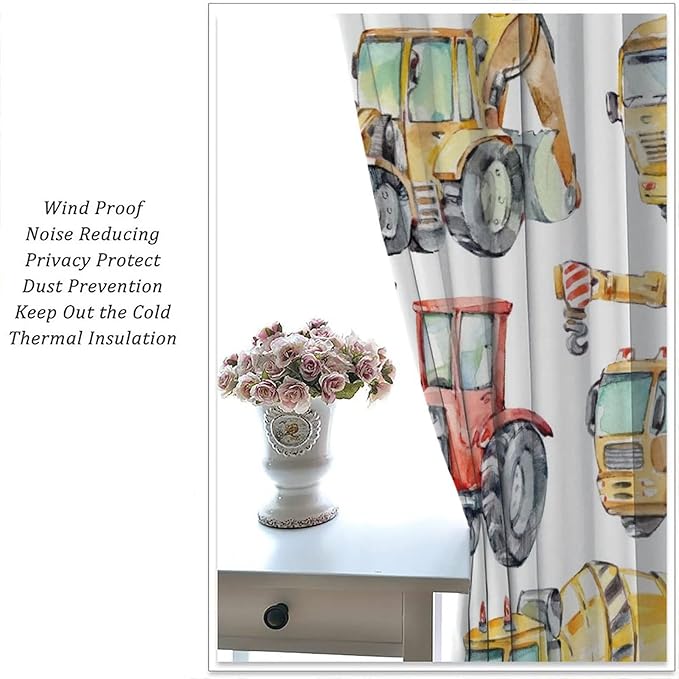 Kids Excavator Curtains, Retro Truck Tractor Machinery Construction Vehicle Crane Digger Mixer Rod Pocket Decorative Windows Curtain for Teens Girls Boys Room 63x63in (30% Blackout)