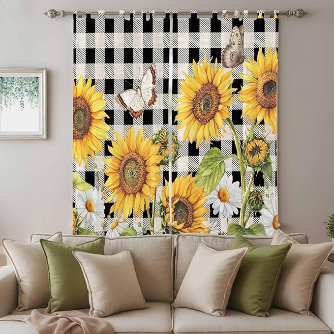 Sunflowers Living Room Curtains 96 Inch Length, Window Curtains Tab Top, Yellow Flowers Butterfly Farmhouse Black Plaid Light Filtering Window Treatments Drapes 52"x96" 2 Panel