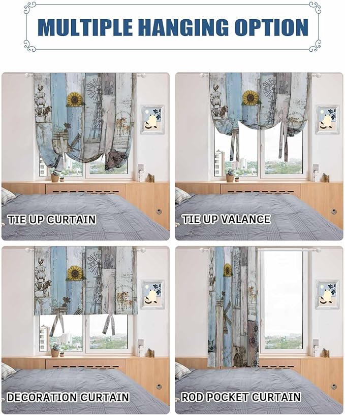 Tie Up Curtains for Windows, Blue Grey Wooden Adjustable Balloon Nature Linen Textured Kitchen Curtain, Farmhouse Barn Sunflowers Retro Thermal Insulated Curtains for Window, 42" x 54"