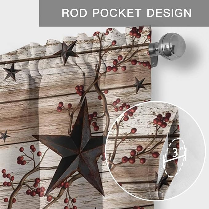 Rustic Star Brown Curtain Valances for Windows, Kitchen Valance Window Treatment, Vintage Plants Berry Wooden Grain Light Filtering Block Curtains for Bathroom/Bedroom/Living Room 60'' x 18''