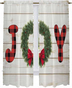 Christmas Wreaths Window Curtains 72 Inch Long 2 Panel Set,Rod Pocket Long Curtains & Drapes,Winter Bow Plaid Farmhouse Wooden Grain Window Treatment for Bedroom Living Room 52"W x 72"L