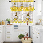Yellow Gnomes Kitchen Curtains Set 3 Piece for Windows, Rod Pocket Valance and Tier Set 24 Inch Length, Spring Bees Daisy Plaid Wooden Grain Light Filtering Cafe Curtains for Living Room Bathroom