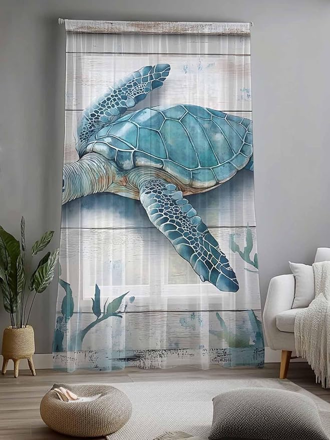 Sheer Curtains 96 Inches Long, Teal Green Sea Turtle Semi Sheer Curtains Light Filtering Window Treatment, Summer Ocean Seaweed Wood Grain Privacy Voile Drapes for Living Room Bedroom 52x96 Inch