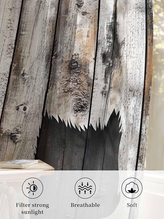 Sheer Curtains 84 Inches Long, White Brown Bear Semi Sheer Curtains Light Filtering Window Treatment, Farmhouse Country Vintage Wood Grain Privacy Voile Drapes for Living Room Bedroom 52x84 Inch
